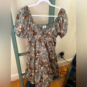 Baby doll satin blue and brown pattern dress